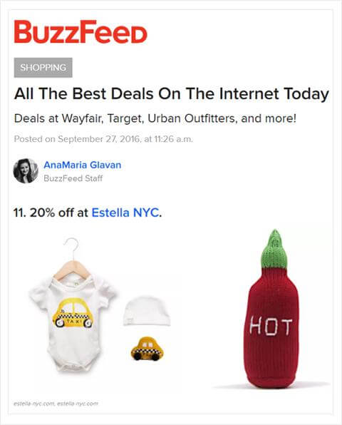 Organic baby gift feature in Buzzfeed website.