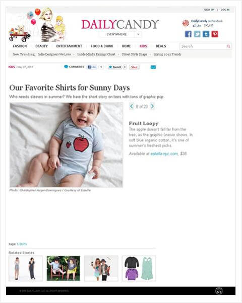 Organic baby clothes feature in Daily Candy website.