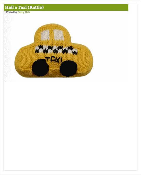Organic baby Taxi rattle toy feature in Droolicious blog.