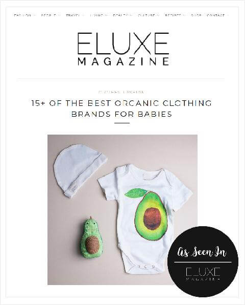 Organic baby gift set by Estella with avocado rattle, onesie & hat in Eluxe Magazine