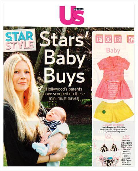 Luxury baby clothes feature in US weekly magazine.