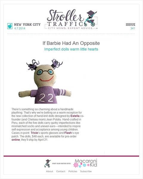 Organic baby toy feature in Stroller Traffic website.